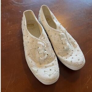 Kate Spade Keds White Lace Bridal Sneakers with Diamond Accent